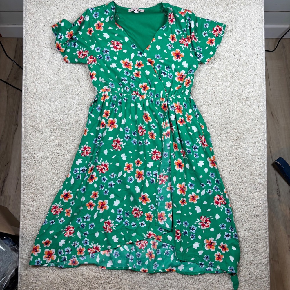 Harlow & Rose Green Floral Faux Wrap High Low Dress Womens Medium Short Sleeve